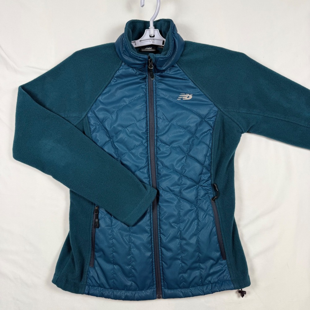 New Balance Womens Teal Hybrid Quilted Fleece Full Zip Jacket Thumbholes Small